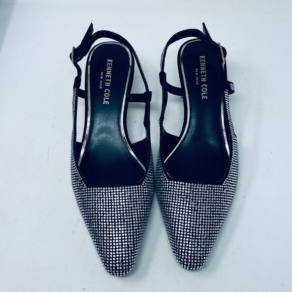 Kenneth Cole Slingback Jewelled Kitten Heel Black Silver Strappy Ankle - 7 - Picture 2 of 10